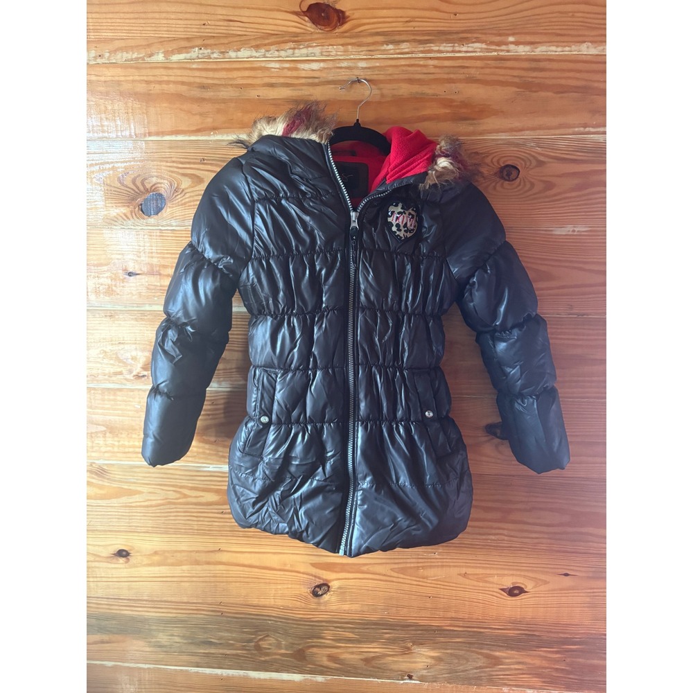 Jessica Simpson Girls Puffer Coat Faux Fur Hood Red Lining Black Size Med 7/8‎